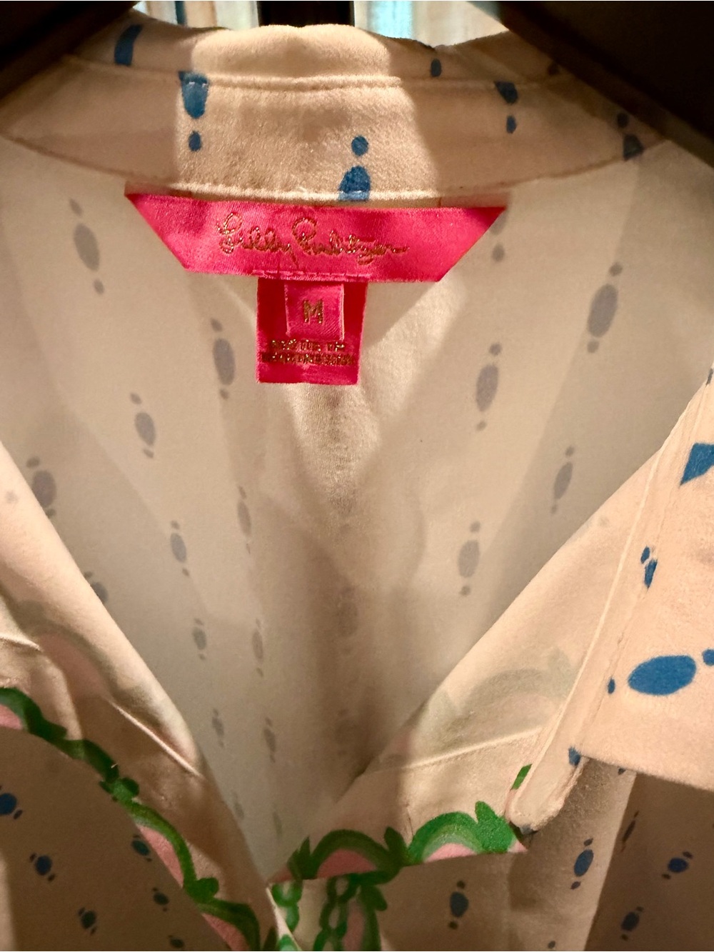 Lilly Pulitzer White Button-Down Shirt with Green and Pink Botanical Border - Picture 4 of 4